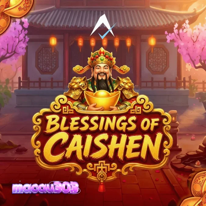 Tampilan layar permainan slot Blessings of Caishen dengan gulungan 3x3 dan simbol-simbol mitologi Tiongkok yang kaya.