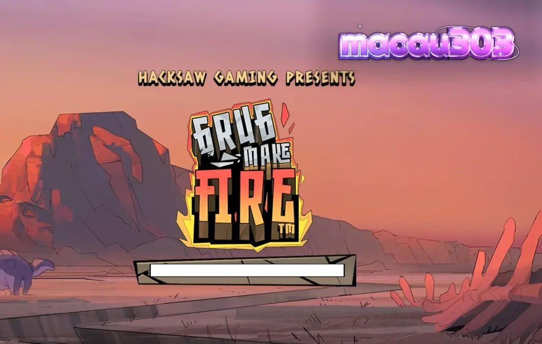 Grug, karakter caveman dalam slot Grug Make Fire dengan latar belakang prasejarah yang intens.
