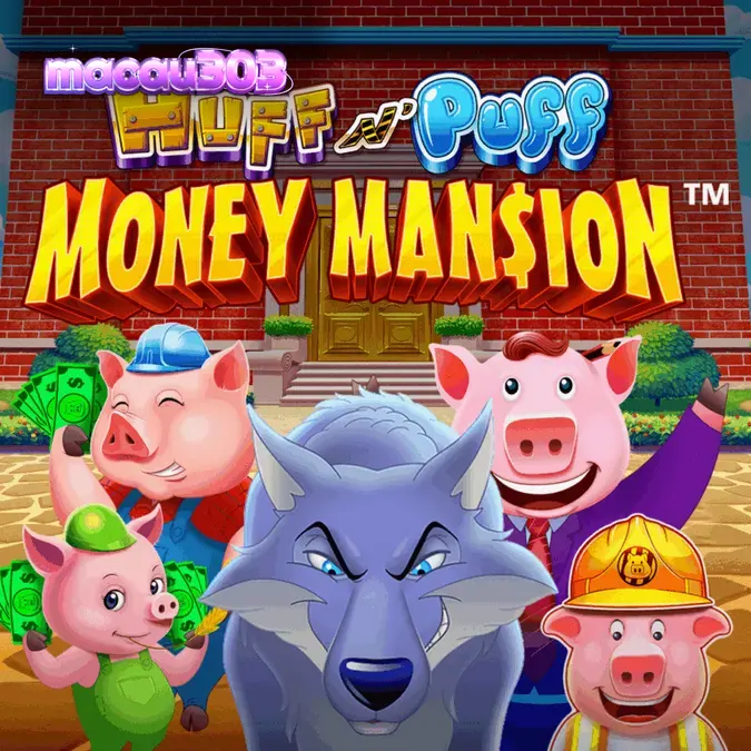 Tampilan visual slot Huff N Puff Money Mansion dengan elemen konstruksi dan babi